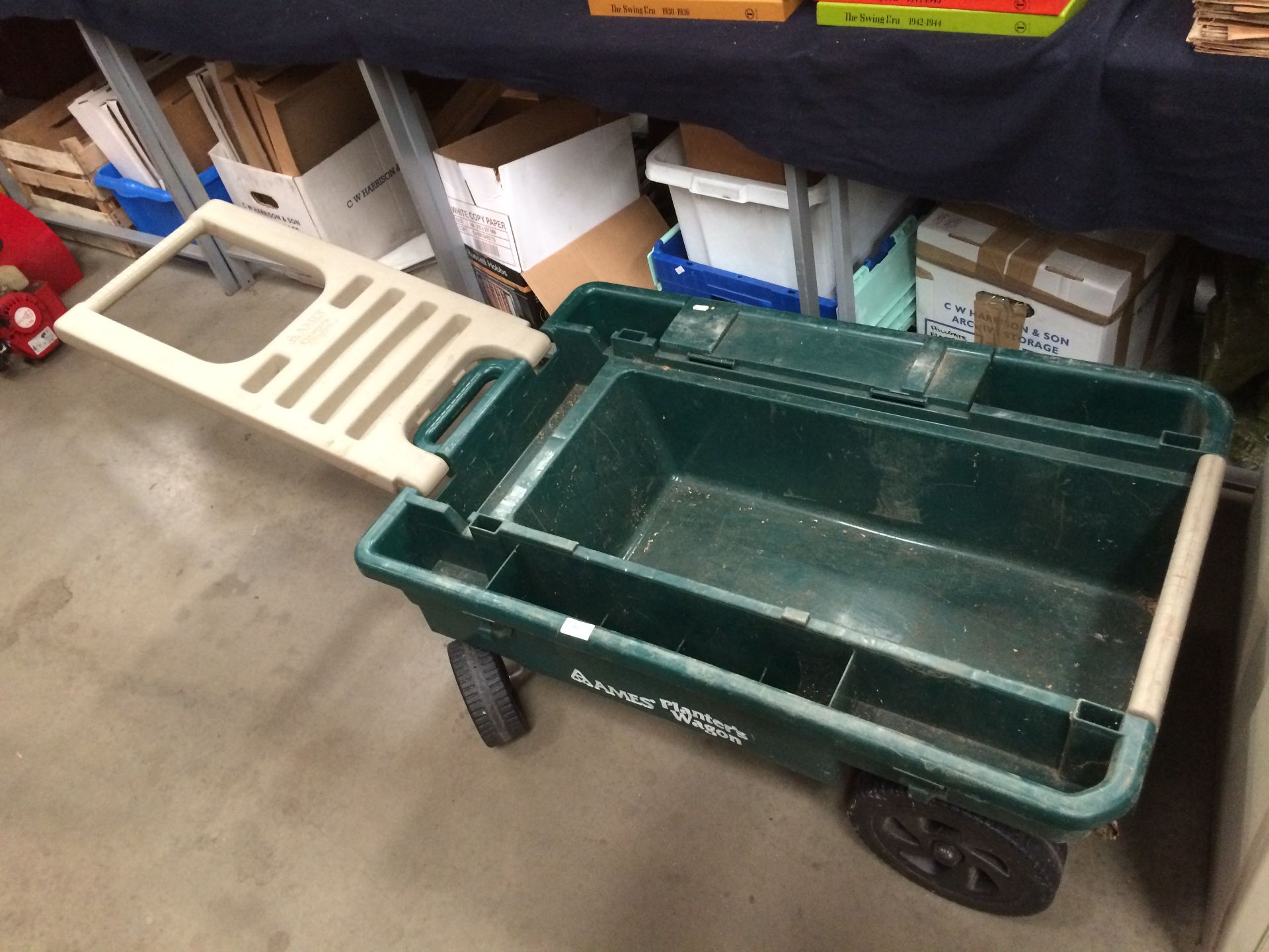 An Ames green moulded plastic planters wagon 100 x 64 x 20cm deep