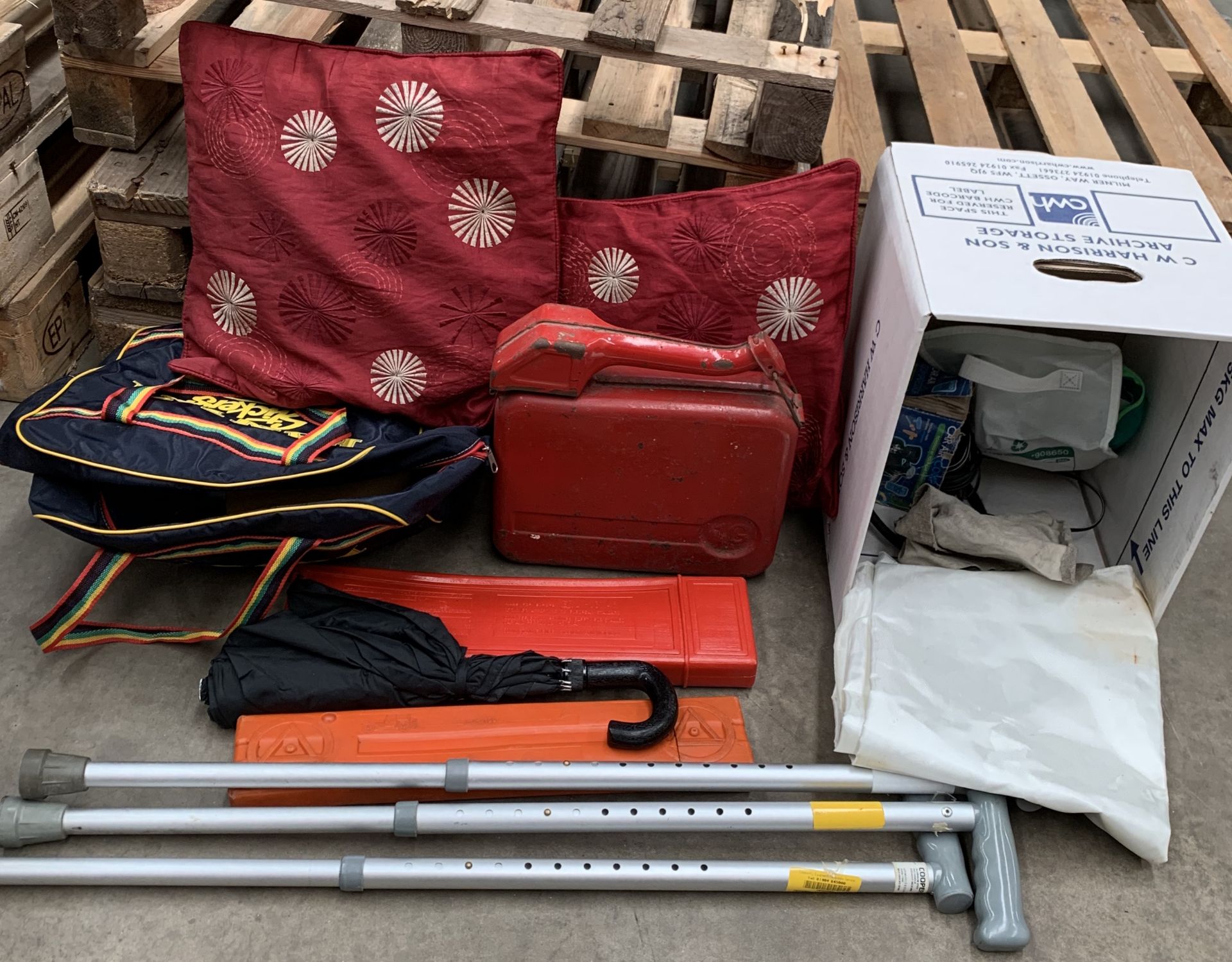 Contents to part of pallet - metal petrol can, warning triangle, walking stick,