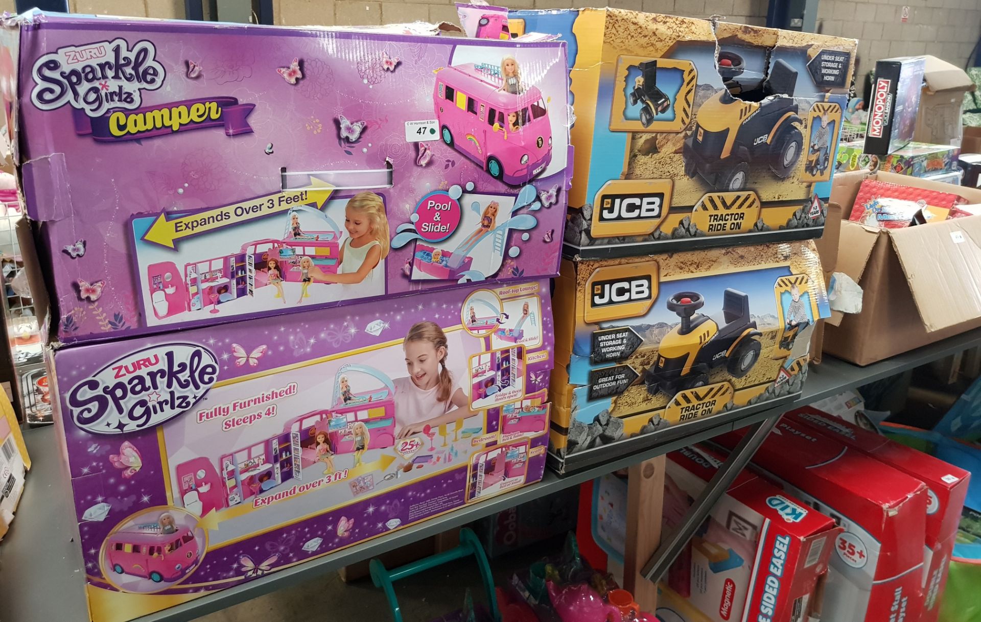 4 ITEMS - 2 x ZURU SPARKLE GIRLZ CAMPER & 2 x JCB TRACTOR RIDE ON