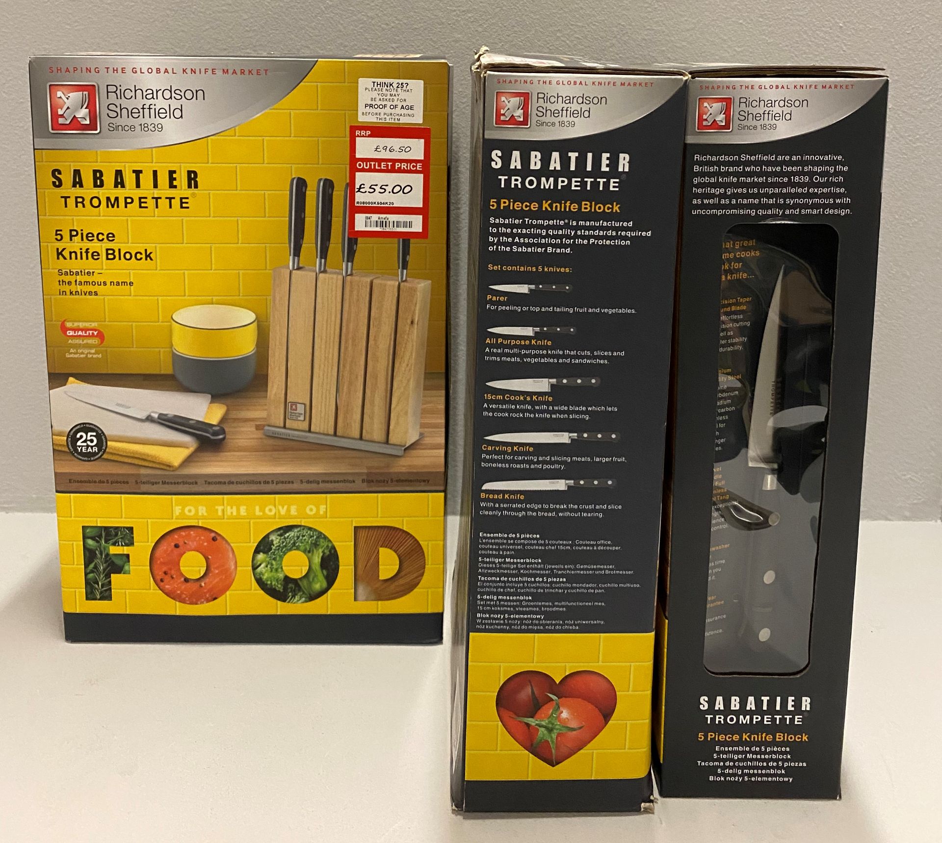 3 x Richardson Sheffield Sabatier Trompette stainless steel 5 piece knife block set RRP £96.