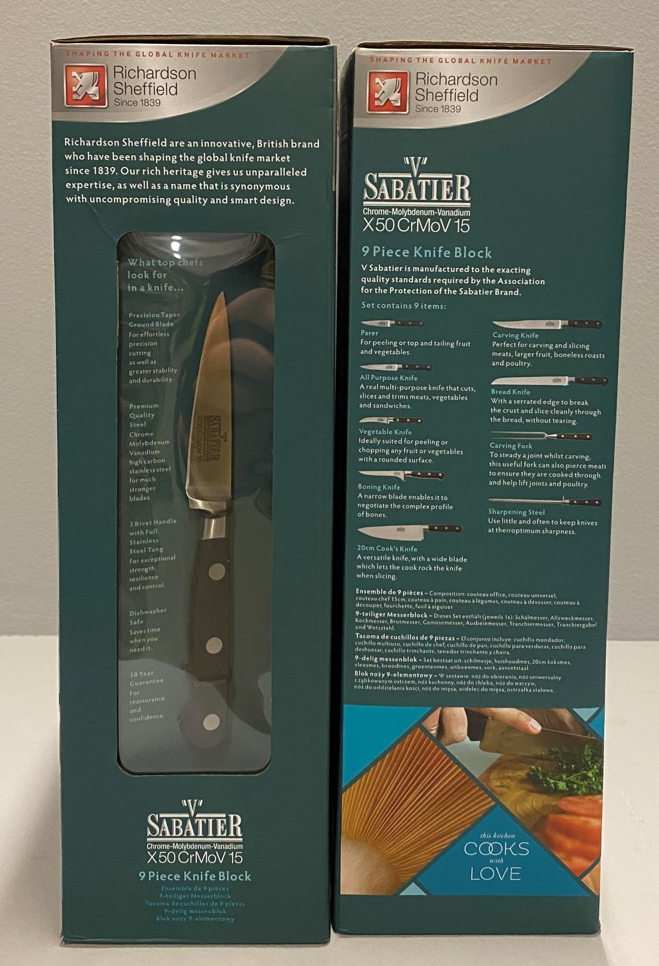 2 x Richardson Sheffield 'V' Sabatier X50 CrMoV 15 stainless steel 9 piece knife block set RRP £180. - Image 2 of 2