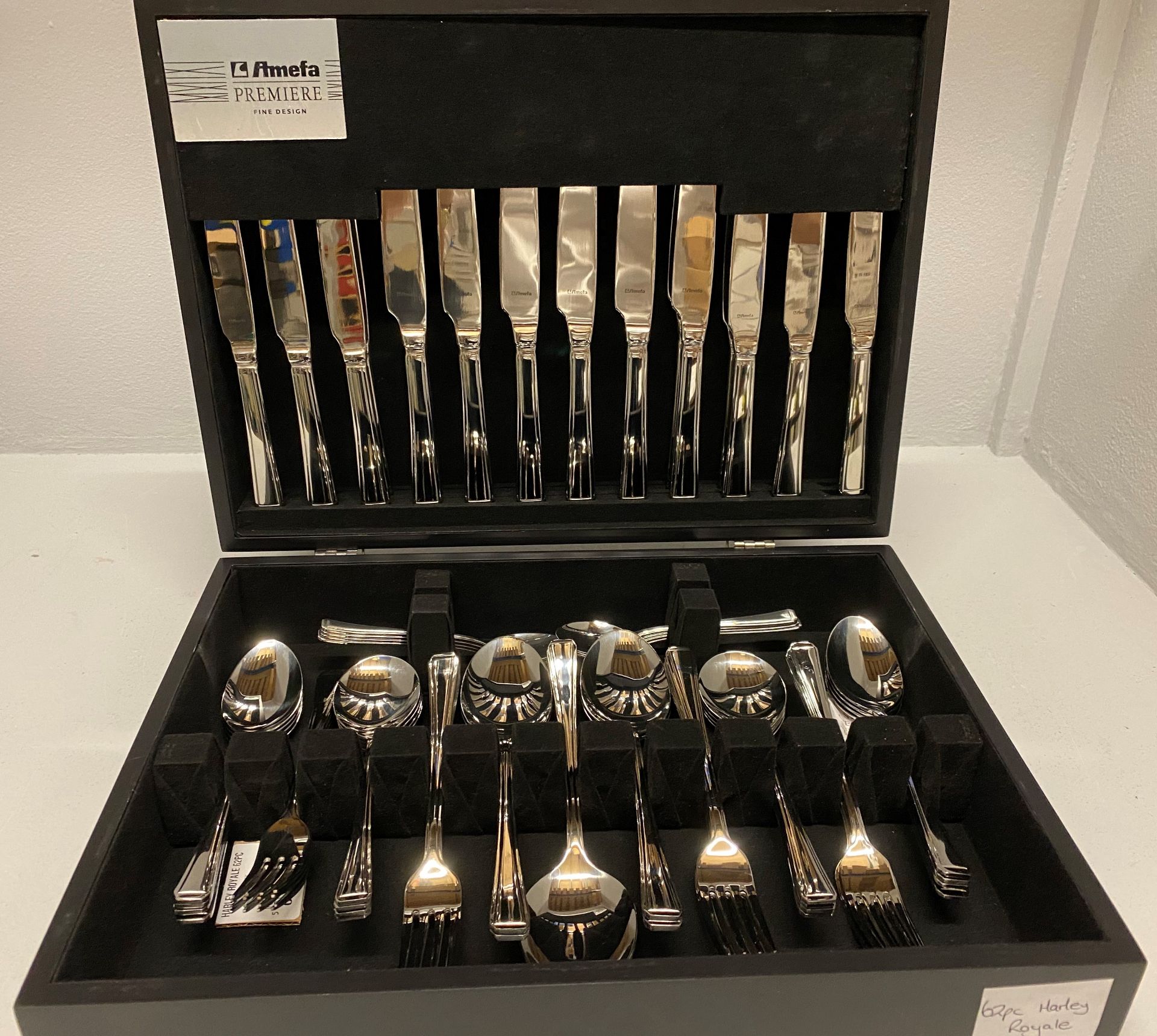 An Amefa Harley Royale 62 piece cutlery canteen in a wooden box