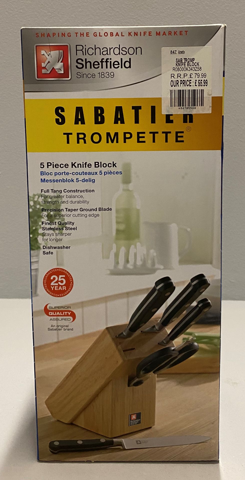 A Richardson Sheffield Sabatier Trompette stainless steel 5 piece knife block set RRP £79.