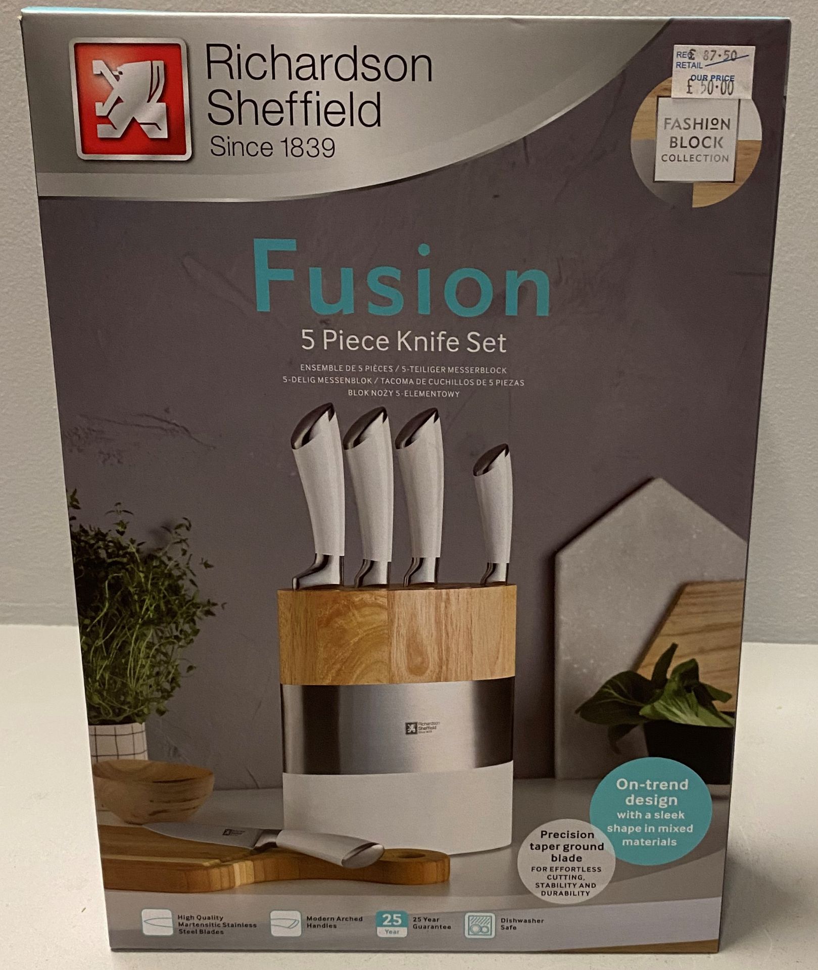 A Richardson Sheffield Fusion 5 piece stainless steel knife block set RRP £87.