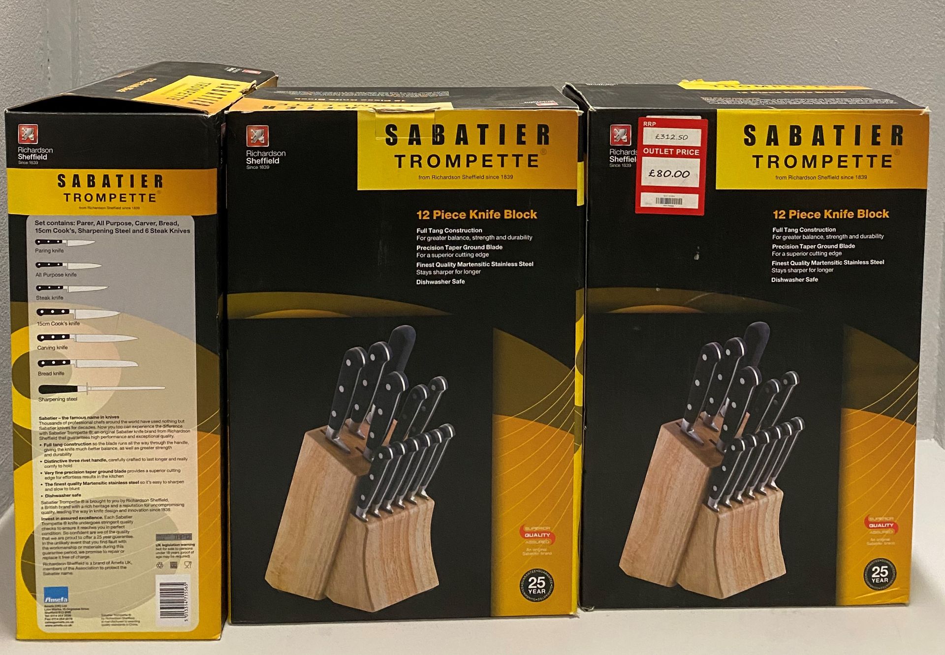 3 x Richardson Sheffield Sabatier Trompette stainless steel 12 piece knife block set RRP £312.