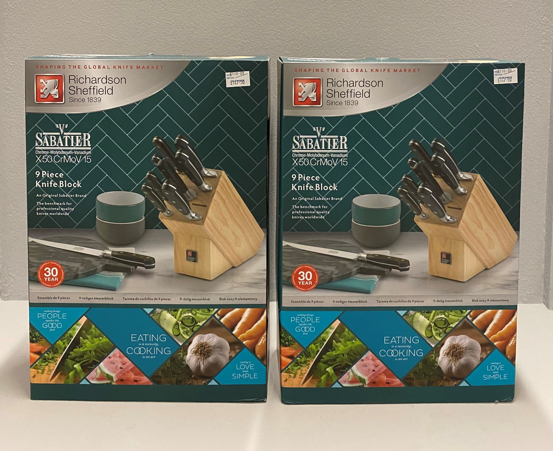 2 x Richardson Sheffield 'V' Sabatier X50 CrMoV 15 stainless steel 9 piece knife block set RRP £180.