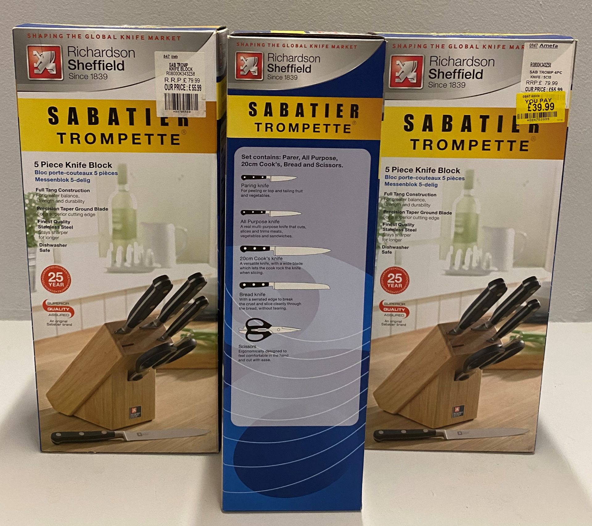 3 x Richardson Sheffield Sabatier Trompette stainless steel 5 piece knife block set RRP £79.