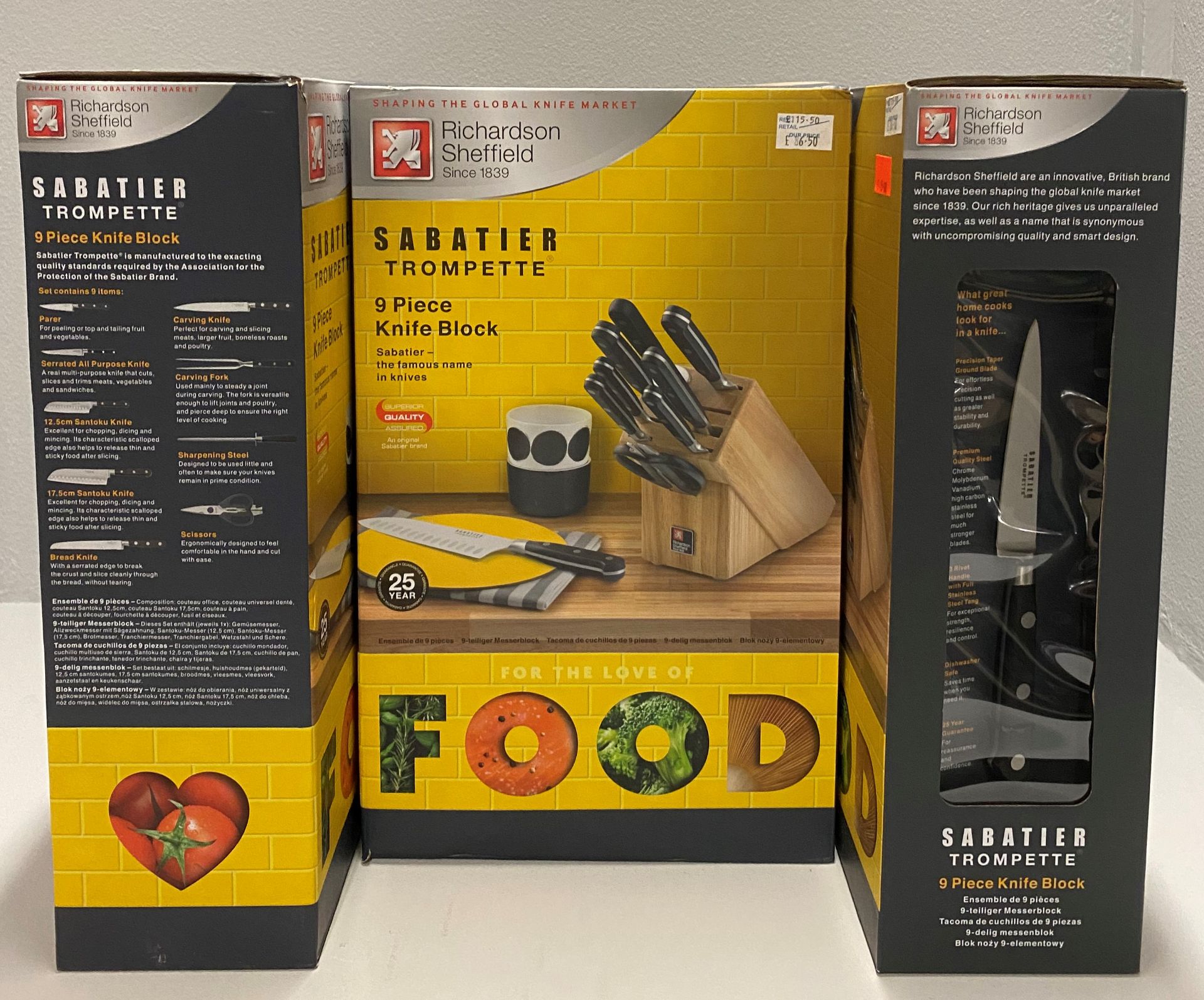 3 x Richardson Sheffield Sabatier Trompette stainless steel 9 piece knife block set RRP £115.