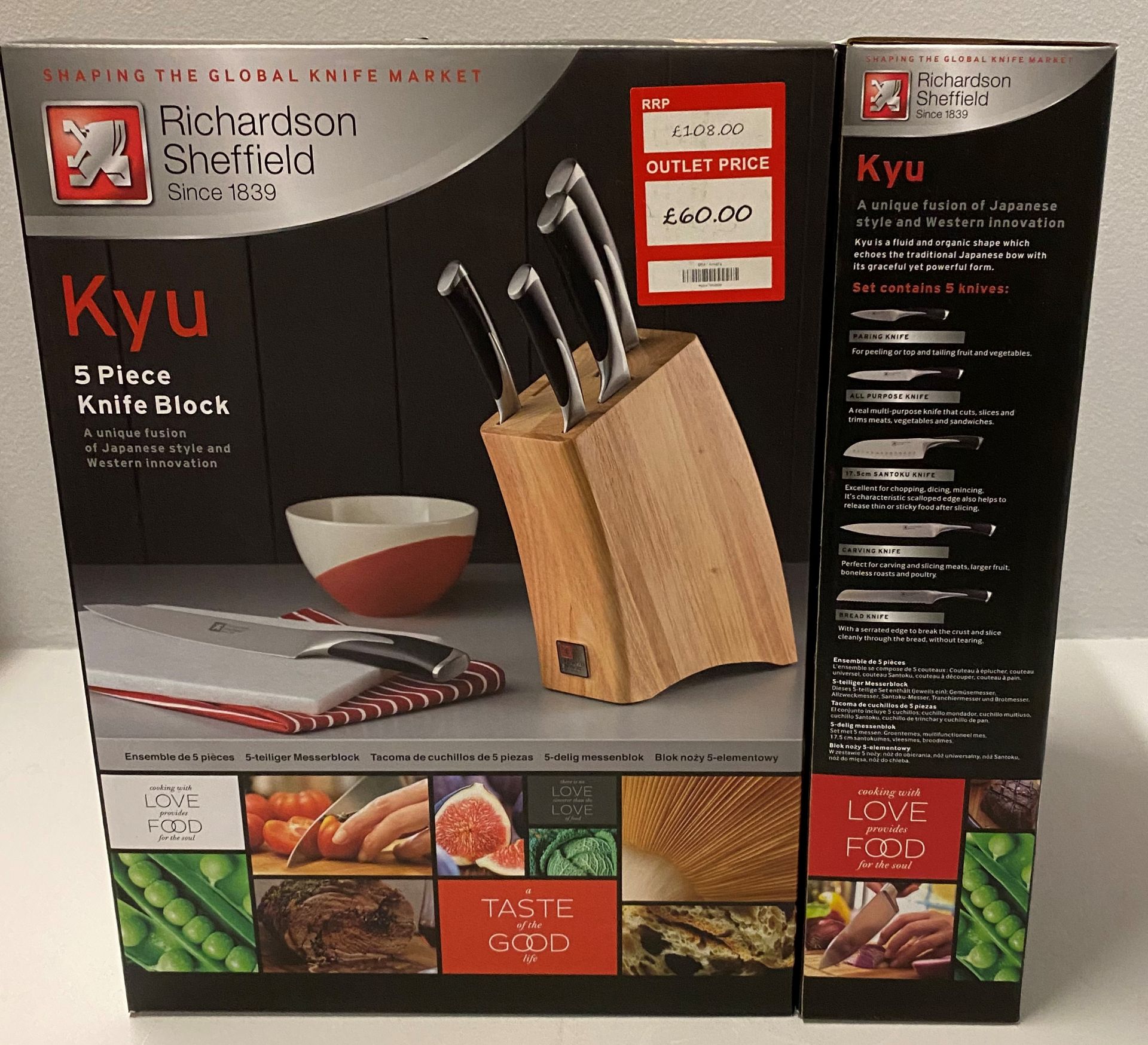 2 x Richardson Sheffield Kyu 5 piece stainless steel knife block set RRP £108.