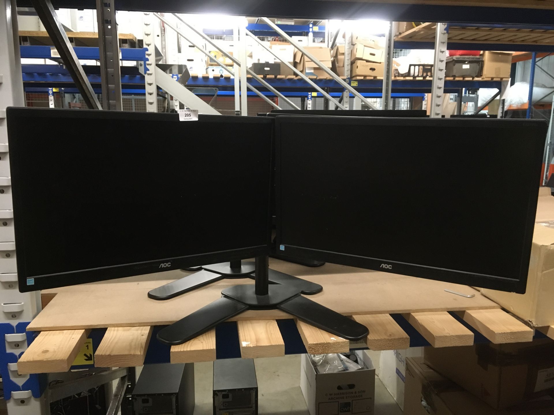 2 x NOC E2270SW 22" LCD monitors complete with a twin arm monitor bracket with stand