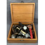 Contents to pine box - 20+ gents and ladies wristwatches, costume jewellery, etc.