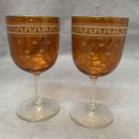 A pair of brown etched wine glasses