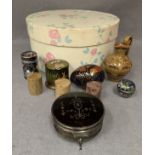 Contents to small box, silver dressing table tidy with glass liner and Bakelite lid,