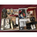 Contents to two trays a large assorted costume jewellery, wrist watches, religious crosses,