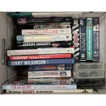 Eighteen items, Rugby Union related mainly England and books and VHS video tapes, Bill Beaumont,