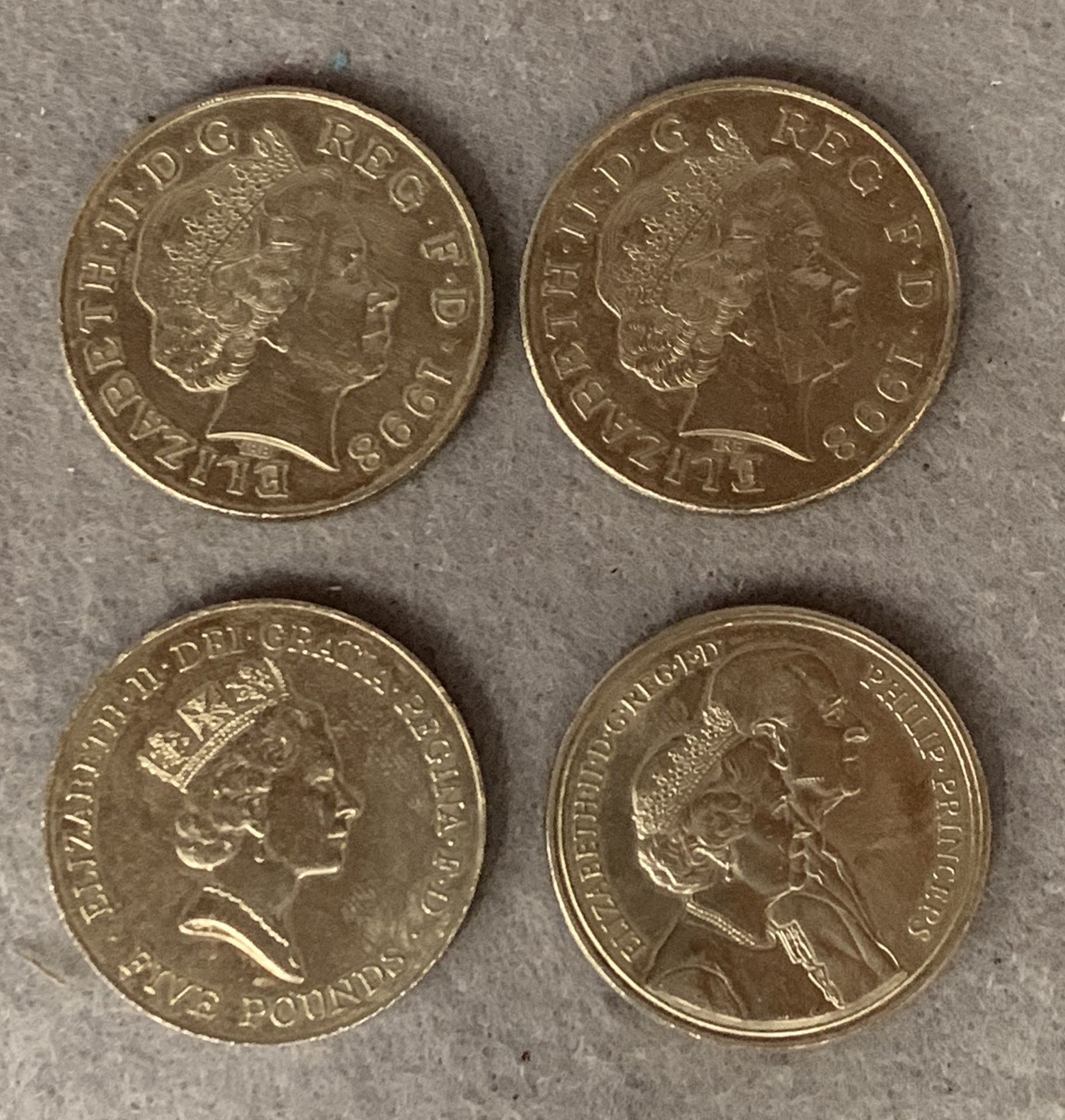 Four five pound coins, 50th anniversary of Prince Charles (two),