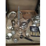 Contents to tray assorted plated ware tea and coffee pot, trays, sugar shaker etc.