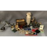 Contents to wood tray - oriental style vase, music box, plastic and wood animals, costume jewellery,