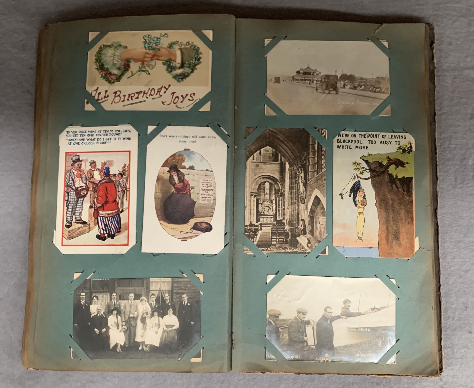 A postcard album containing topographical, humorous social history, greetings, watercolours, - Image 5 of 5