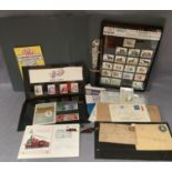 Contents to tray, Post Office and Royal Mail mint stamps, folder of GB stamps, stamped envelopes,