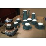A Poole Pottery fifteen piece coffee service in turquoise and a brown and blue glazed filter teapot