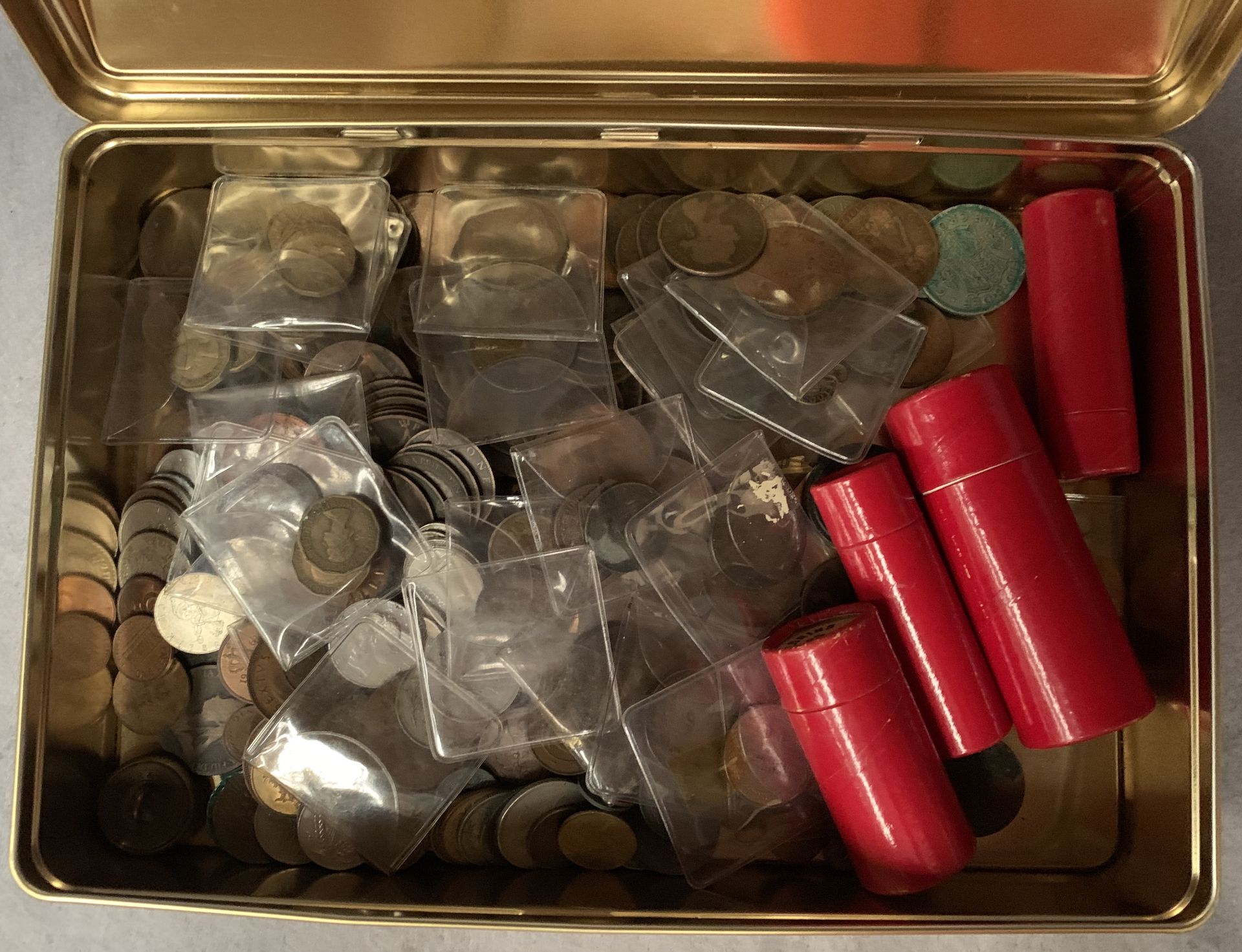 Contents to tin, a large quantity of Victorian and other pennies and coins,