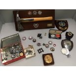 Fire Service Interest - A Fireman's Presentation Axe and badges mounted on a mahogany plaque,