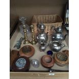 Contents to tray a Victorian plated tea/coffee set, brass candlesticks,