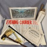 An interesting collection including a silver topped walking stick, a print of Paris-Champ Elysees,