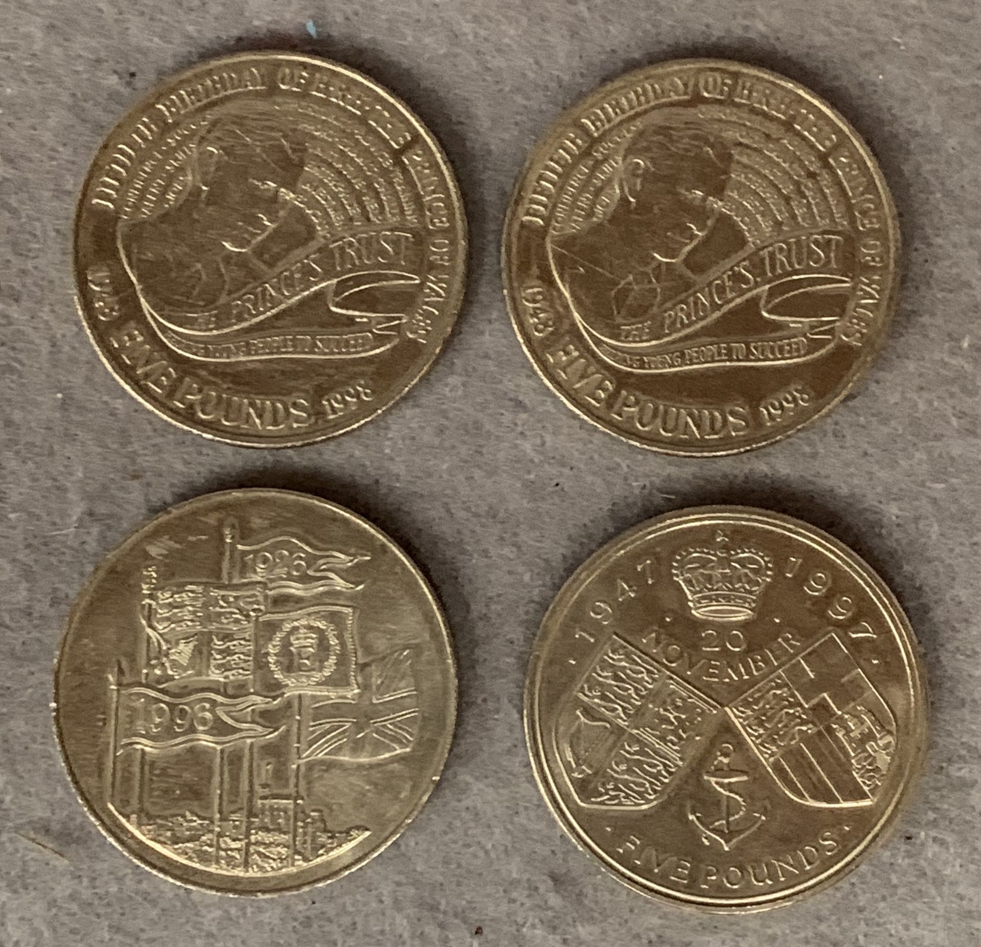 Four five pound coins, 50th anniversary of Prince Charles (two), - Image 2 of 2