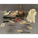 Contents to tray, a small silver tankard, pair of ladies gloves, small bisque figure (damaged),