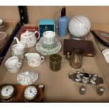 Contents to tray - part Minton Haddon Hall tea service, pale blue soda syphon, plated ware,