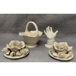 Four pieces of cream/ivory porcelain - ring hand (repair to thumb),