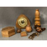 Seven various pieces of treen including a small tower, 20cm,