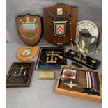 Contents to tray - a collection of Normandy Veterans Association items, shields,