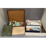 Contents to brown fibre suitcase and a box lid The Farringdon Postage Stamp album and contents -