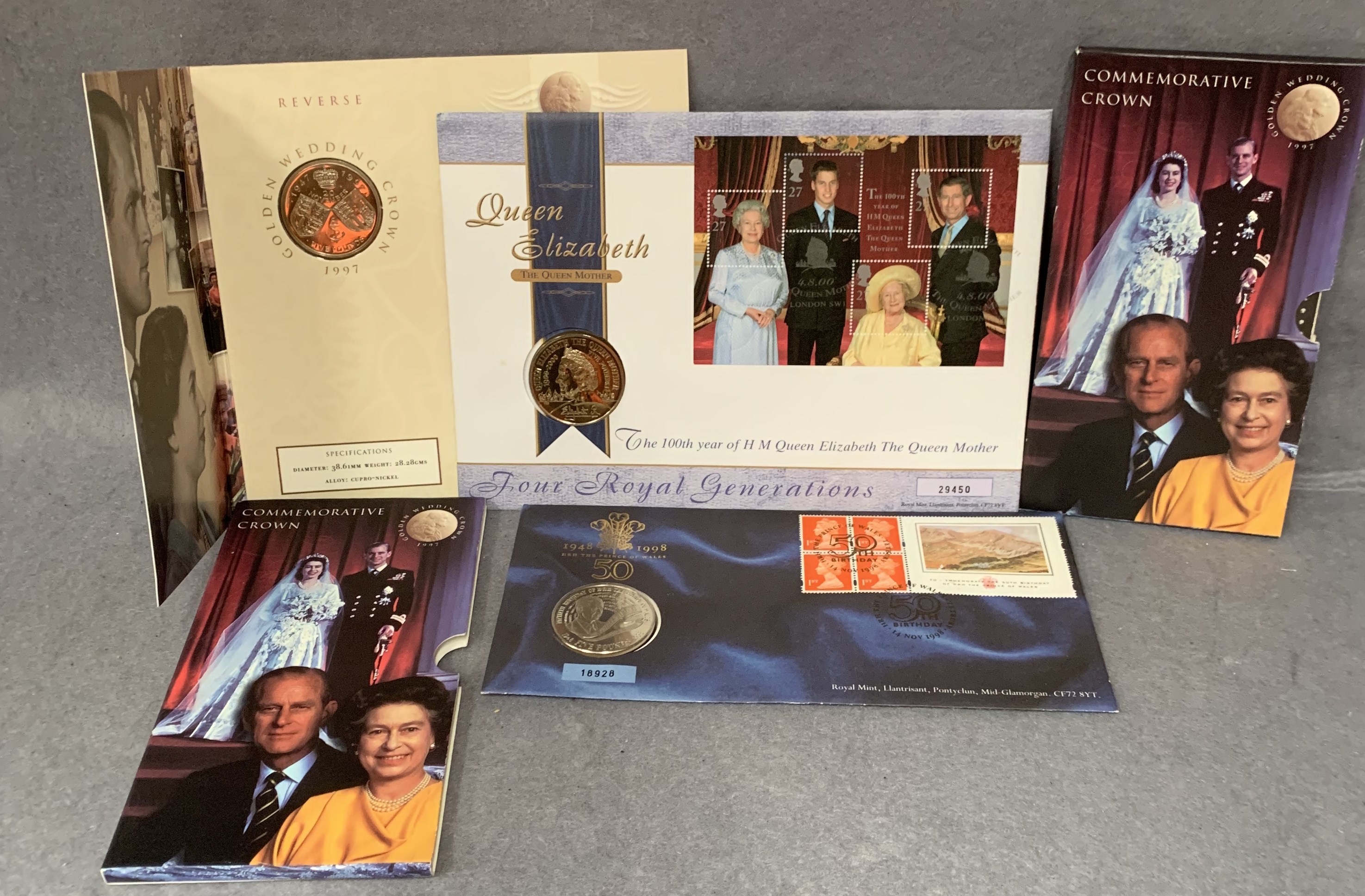 Four items, a Royal Mint £5 coin and stamp set to commemorate The Prince Of Wales 50th Birthday,