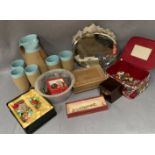 Contents to polystyrene box, pottery jug and five mugs,