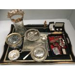 Tray and contents tray with glass base framing a hunting scene, glass vase and bowl with plated rim,