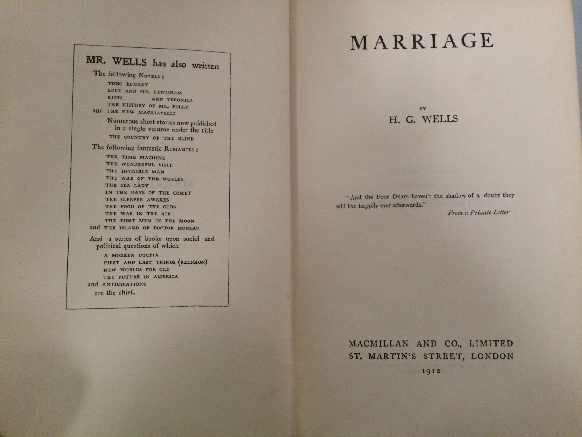 HG Wells 6 books - Marriage 1st Edition, 1912 published by Macmillan & Co London, - Image 4 of 7