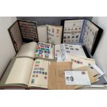 Box containing stamp albums of mainly used stamps along with an envelope of used stamps