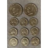 Contents to bag - two American dollars 1972 and 1977, nine American quarter dollars 1960s,