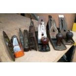 Eight vintage tools comprising three metal planes, Stanley, Ball no.