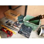 A trolley jack, G and sash cramps, torque wrench, two part socket sets,