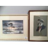 T Holohan (?), framed pastel, Study of an Old Man, 25cm x 15cm, signed; and a framed watercolour,