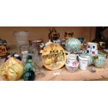 Contents to part of table top, assorted pottery, ornaments and glassware, Poole vase,