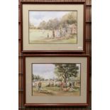 Douglas E West, two antique wood effect framed prints, village cricket scenes,