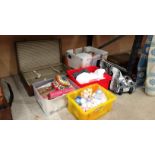 Contents to corner of under rack, brown fibre suitcase, lady's sports bag, linen,