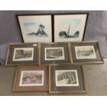 Two framed prints of buildings and five small framed prints, rural pursuits,
