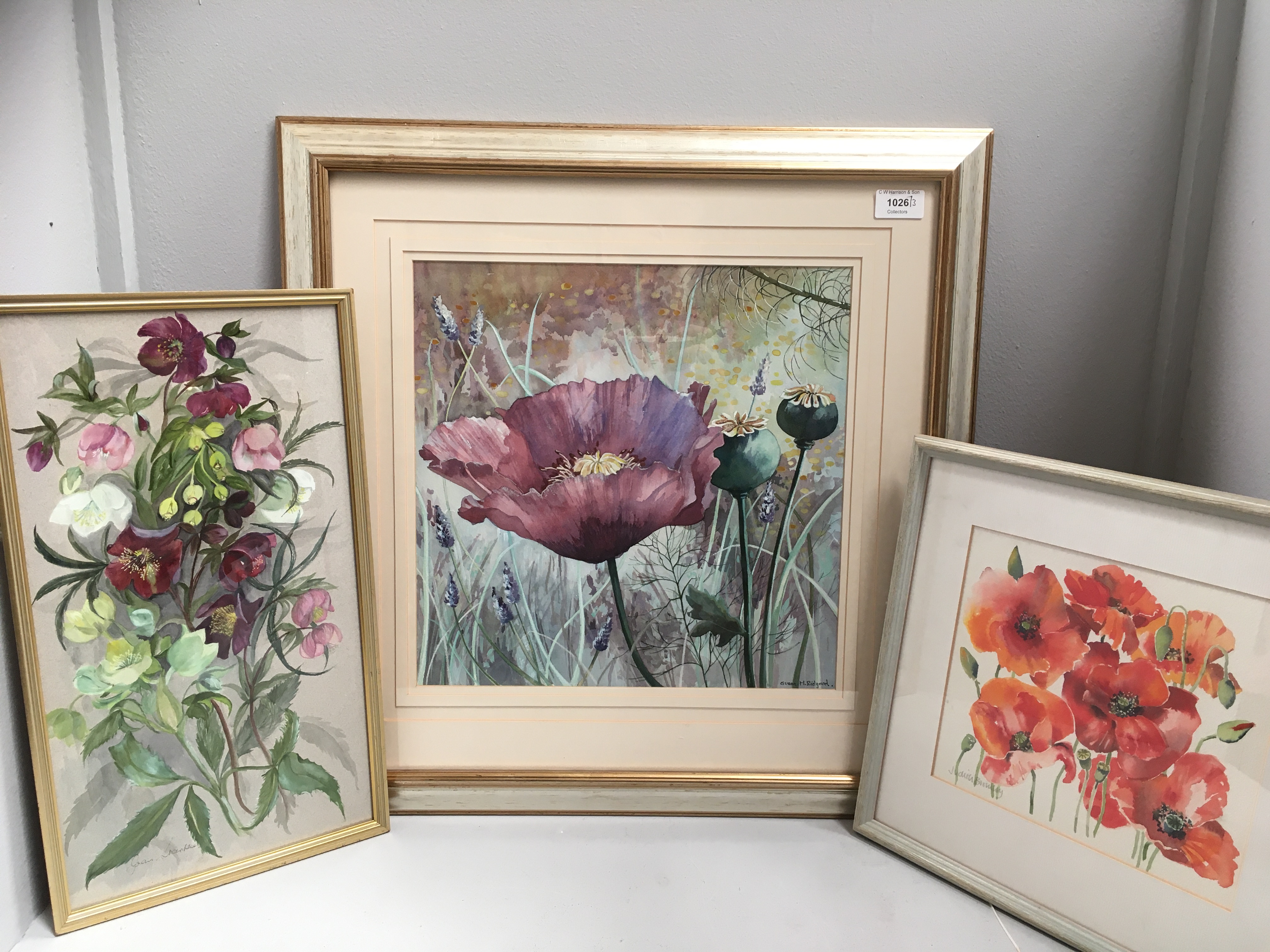 Susan M Ridyard, framed watercolour, Large pink poppy, 35cm x 34cm,
